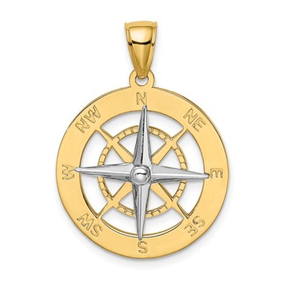 14k Yellow Gold Nautical Compass w/ White Rhodium Needle Necklace Charm Pendant - Picture 1 of 3